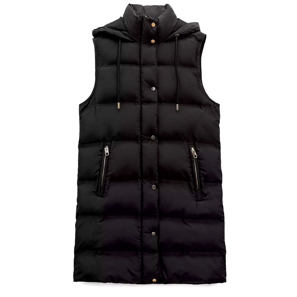 Zara hooded puffy vest; 33” from shoulder to hem; gold zipper and snaps